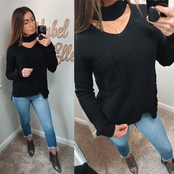 Deep Sugar Cozy distressed black cutout knitted sweater size medium - Picture 6 of 6
